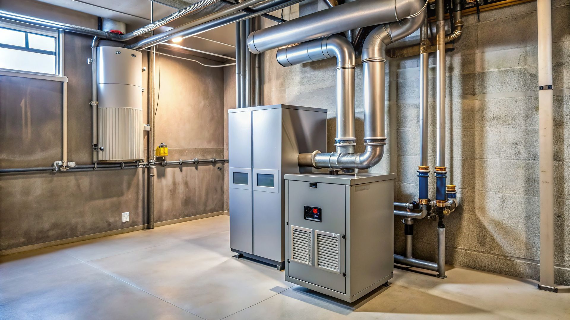 Une pièce avec beaucoup de tuyaux et un radiateur à l'intérieur.