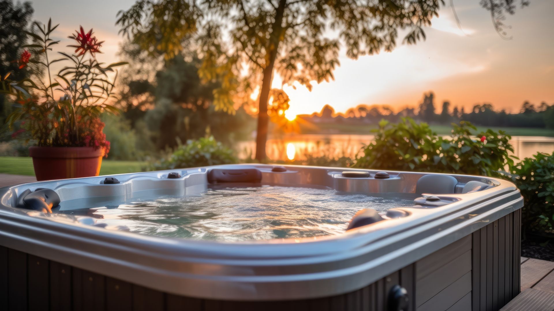 Un bain à remous est assis sur une terrasse à côté d'un lac au coucher du soleil.