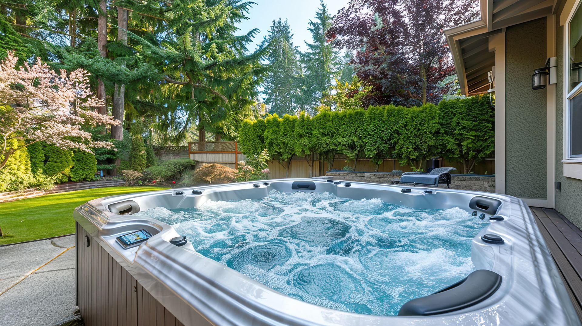 Il y a un jacuzzi dans l'arrière-cour d'une maison.