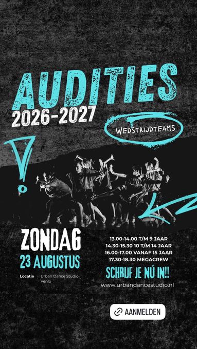 Purple-and-black Audities 2026-2027 event poster with date, time, and