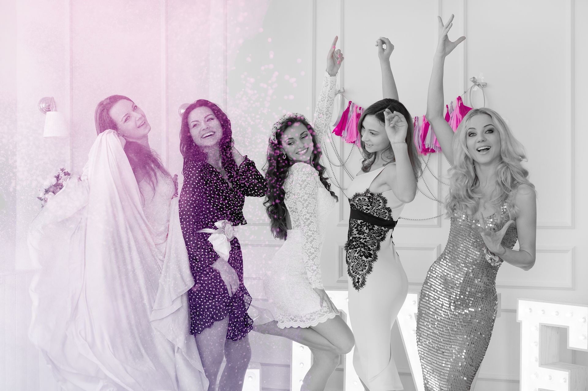Een groep vrouwen in glinsterende jurken poseert en lacht in een felverlichte ruimte waar confetti naar beneden dwarrelt.