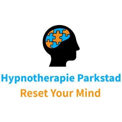 Het logo van Hypnotherapie Parkstad met een zwart hoofdsilhouet en blauw-oranje puzzelstukjes, en de tekst 