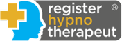Logo van Register Hypnotherapeut met blauw en goudkleurig puzzelstukje en witte tekst op een grijze achtergrond