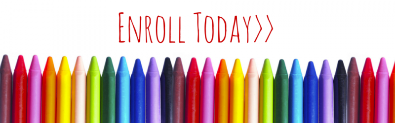 Row of colorful crayons with “Enroll Today” text above on a white background