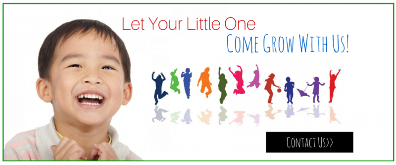 Smiling child beside colorful figures and text: “Let Your Little One Come Grow With Us!”