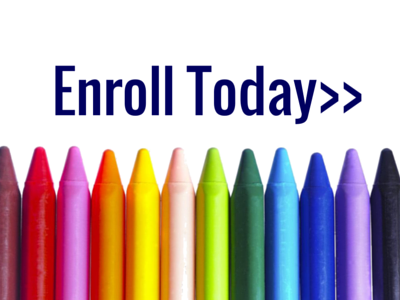 Enroll Today>> above a row of colorful crayons on a white background