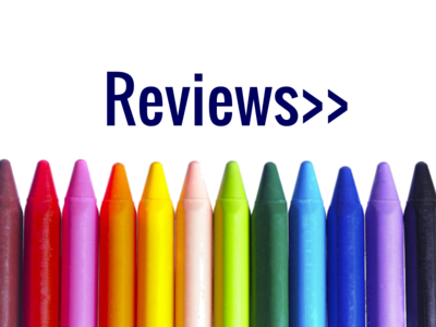 “Reviews>>” text above a row of colorful crayons on a white background