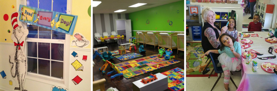 Colorful classroom corner with window art, a toy-filled table, and children gathered around a party table