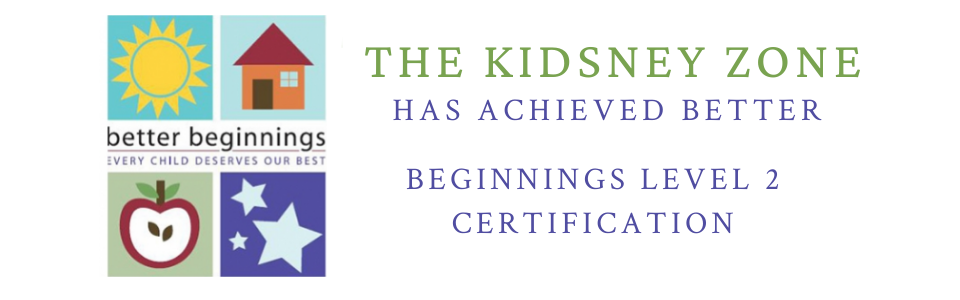 Logo for The Kidzney Zone “Has Achieved Better Beginnings Level 2 Certification” with colorful icons