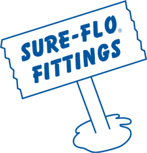 A blue sign that says sure-flo fittings on it