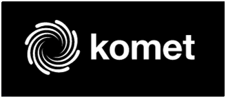 A black and white logo for komet with a swirl in the middle.