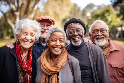 Group of smiling people posing outdoors.