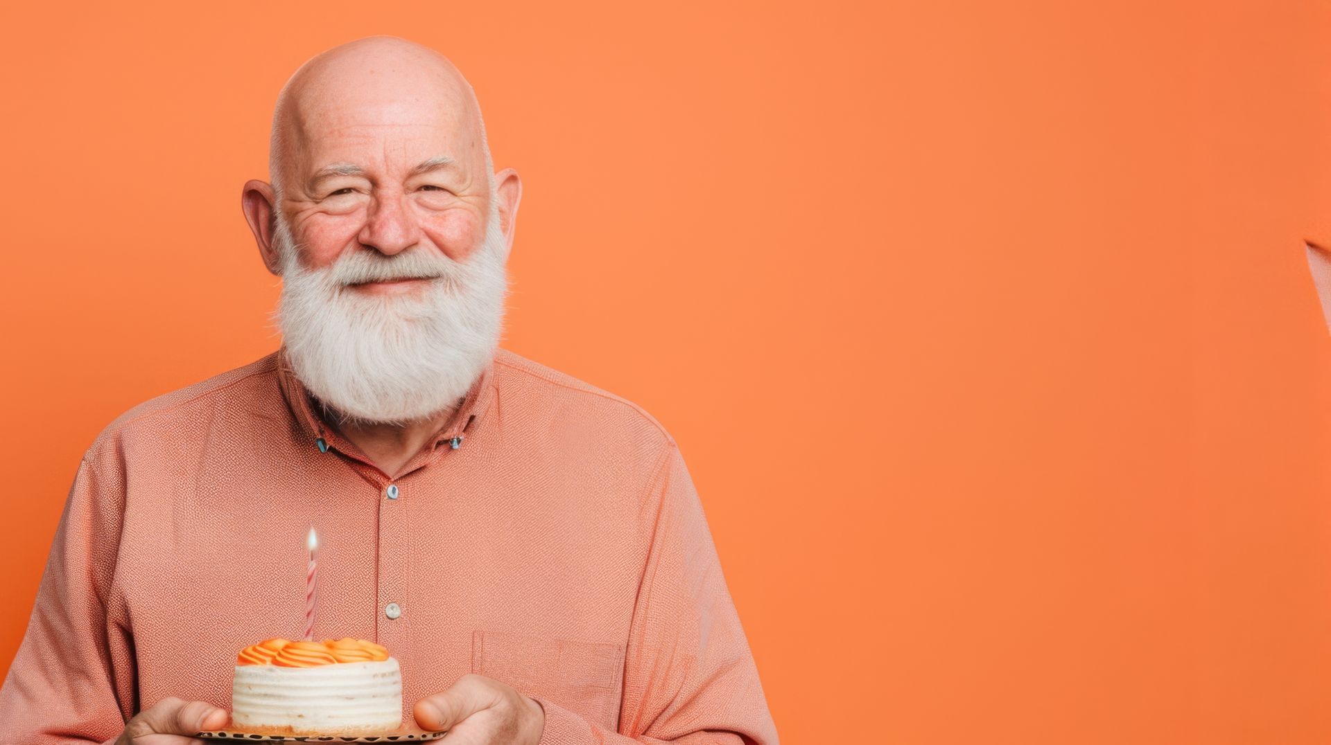Bald man with a white beard holds a cake, smiling at the camera, orange background.
