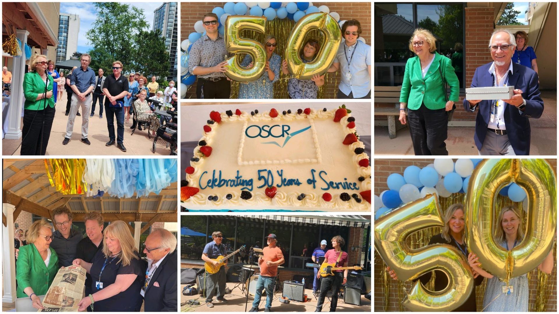 A collage of photos of people celebrating a 50th anniversary.