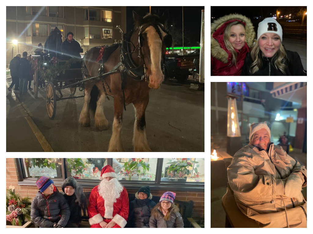 A collage of photos shows a horse drawn carriage , santa claus , and people.