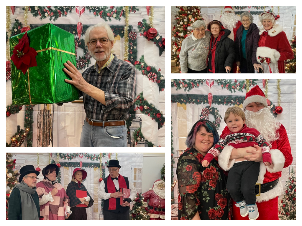 A collage of photos of people posing for a picture with santa claus.