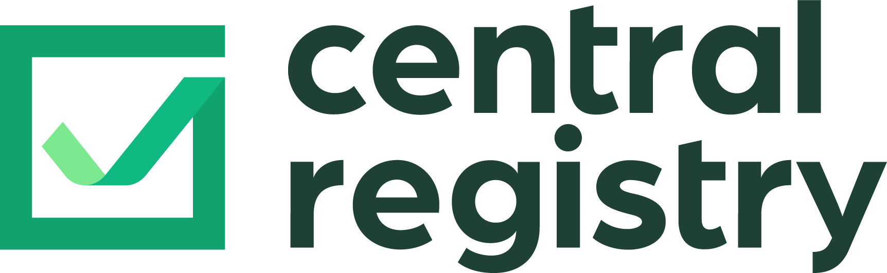 Logo for Central Registry, green checkmark icon. Text reads