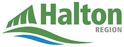 Halton Region logo: Green mountain and wave over blue, green