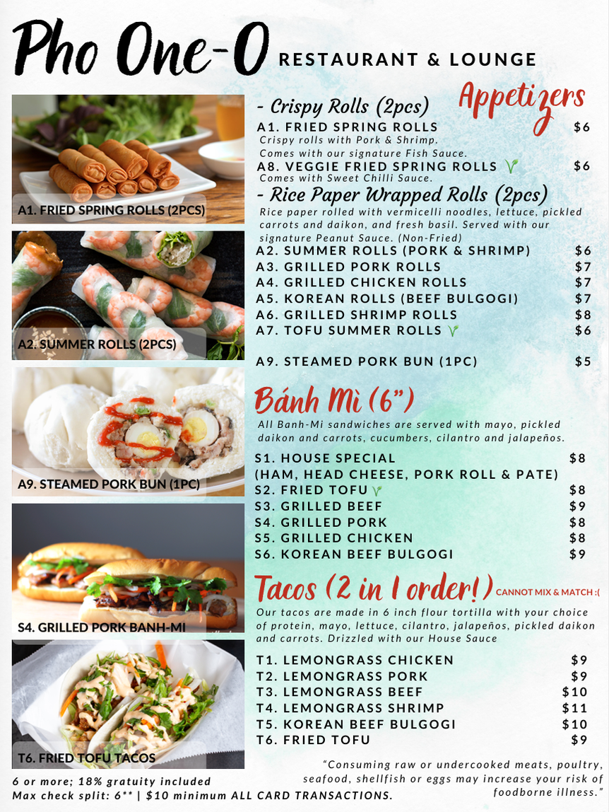 Pho One-O restaurant lounge menu with appetizers, sandwiches, and tacos with food photos