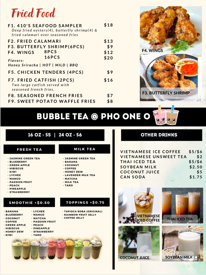 Menu board for Fried Food and Bubble Tea @ Pho One, with food photos and drink options on a black-and-white background