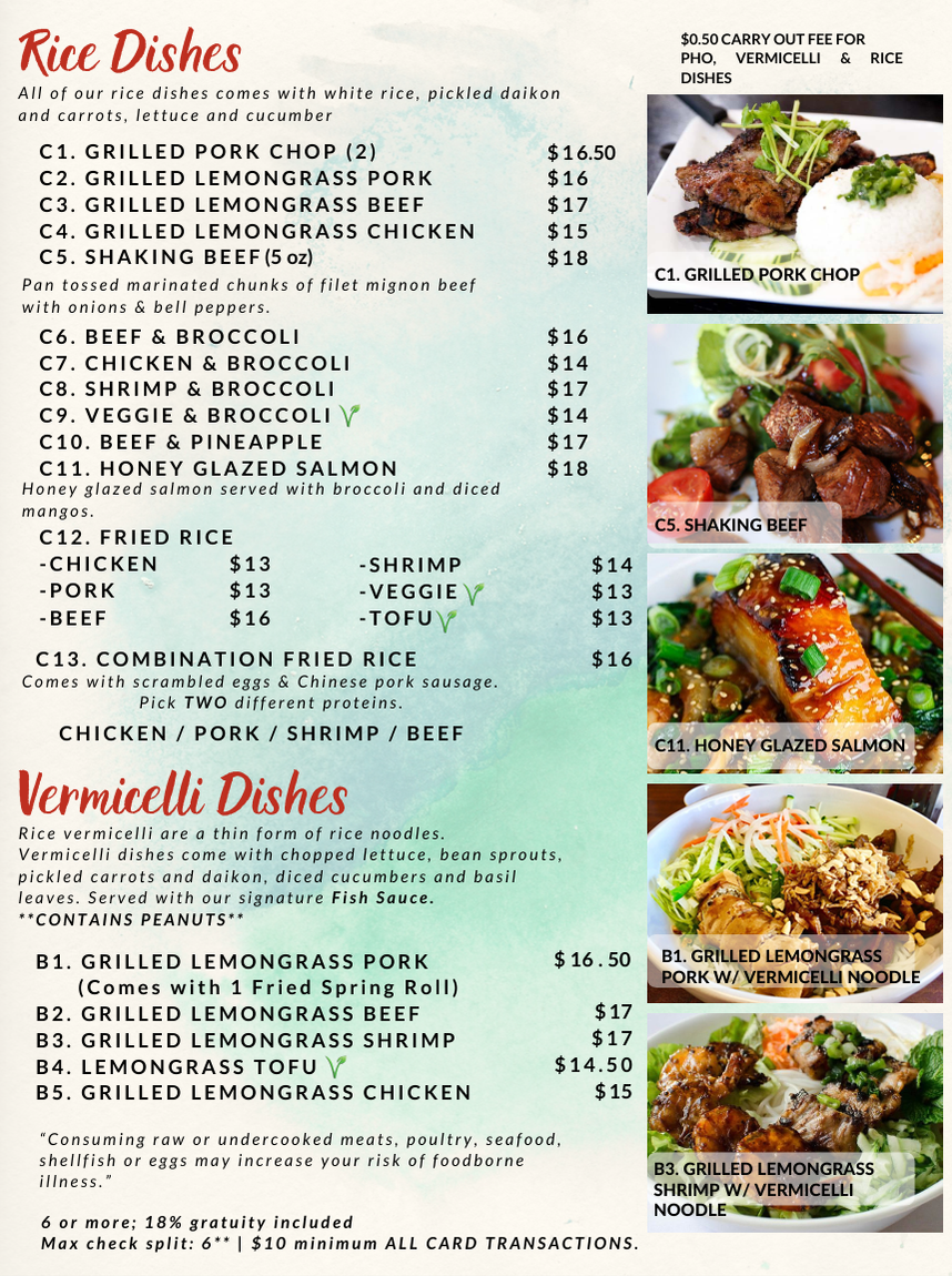 Vietnamese restaurant menu with appetizer and vermicelli dishes, plus food photos on the right