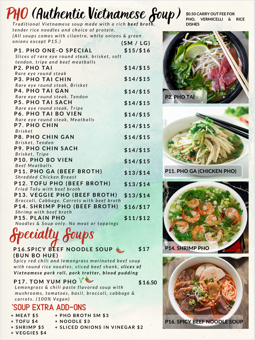 Pho menu page with noodle soup items and four bowl photos on the right.