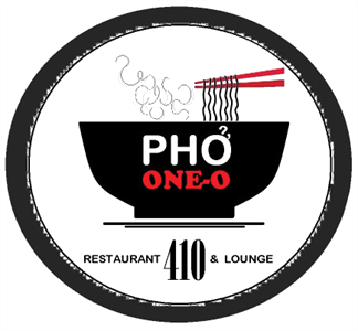 Pho One-O restaurant logo with black bowl, red chopsticks, and white background