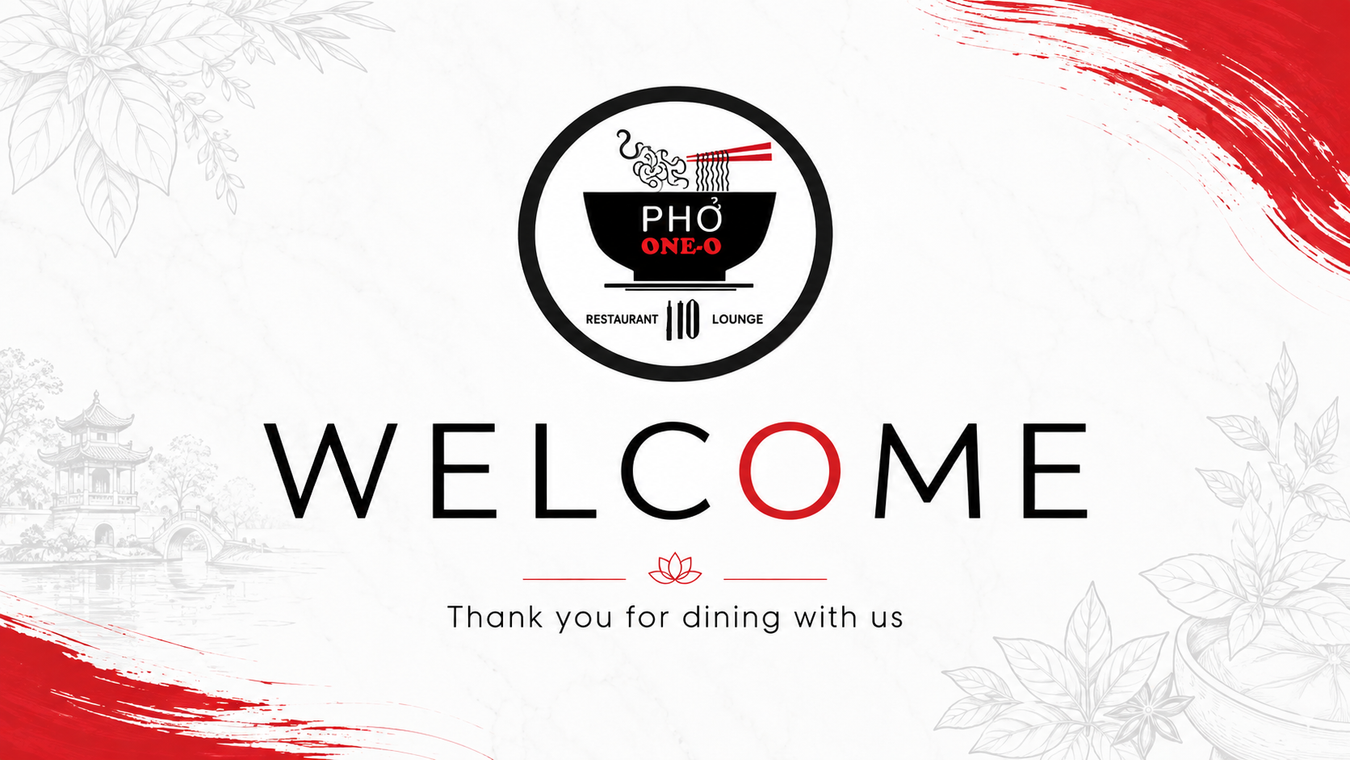 White welcome banner with red accents and a circular PHO logo, saying “WELCOME” and “Thank you for dining with us”