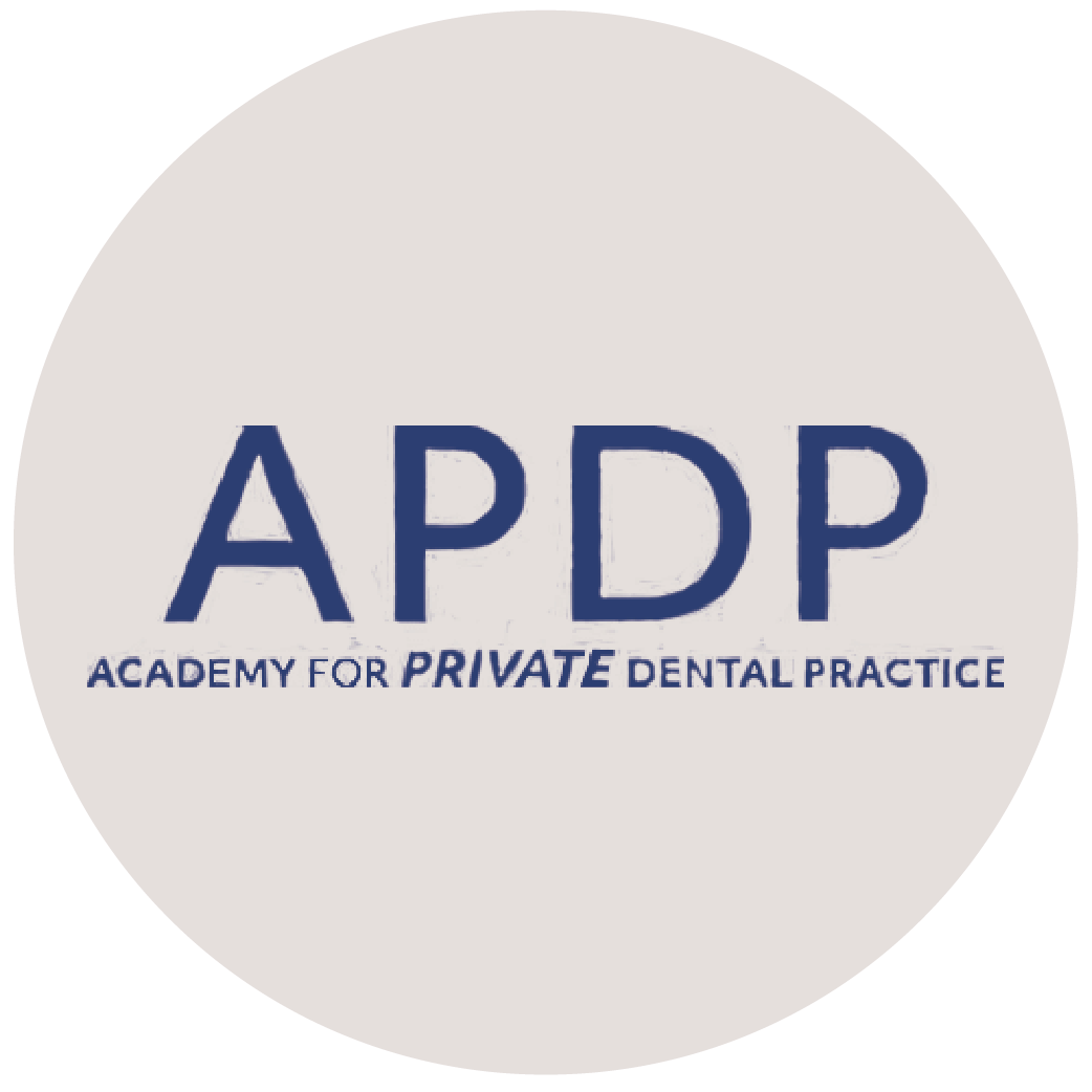 APDP logo with blue letters and “Academy for Private Dental Practice” on a light gray circle