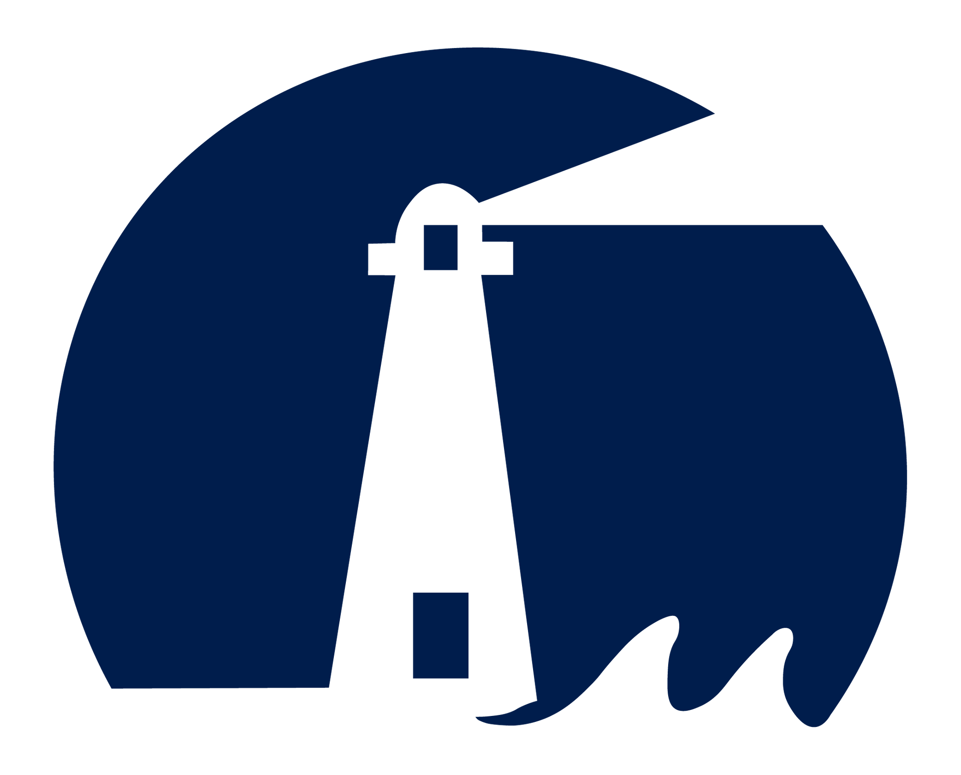 White lighthouse silhouette in a blue circle with stylized white waves at the bottom