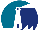 Stylized white lighthouse on teal and navy waves, in a circular logo.