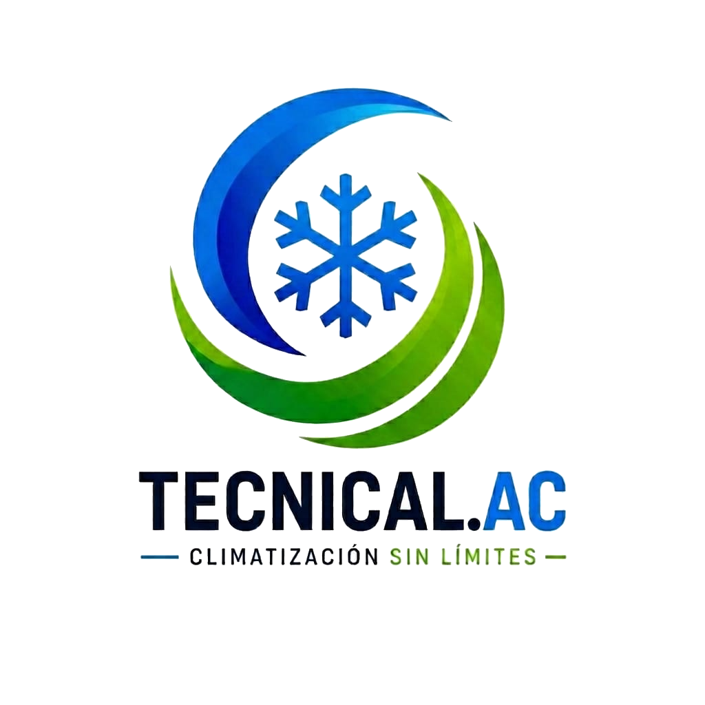 Tecnical.AC logo with blue-green swirl and snowflake, “Climatización sin límites” text