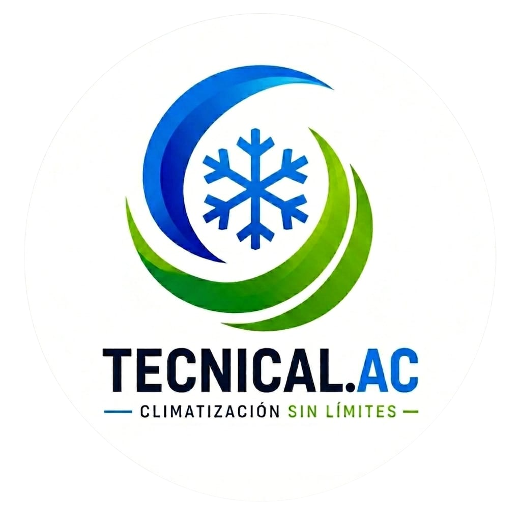 Tecnical.AC logo with blue snowflake and green-blue swirl, “Climatización sin límites” text