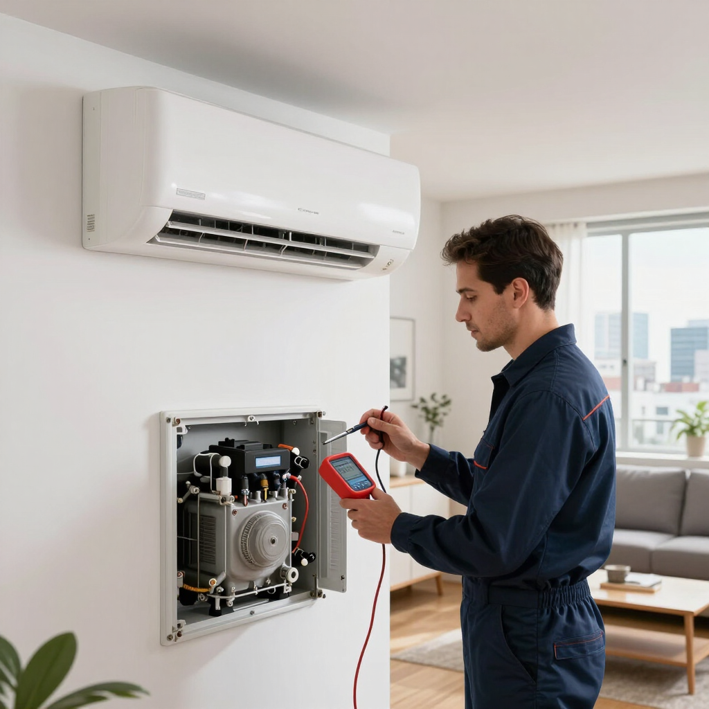 Técnico probando un aire acondicionado y un panel eléctrico con un multímetro en una sala de estar luminosa.