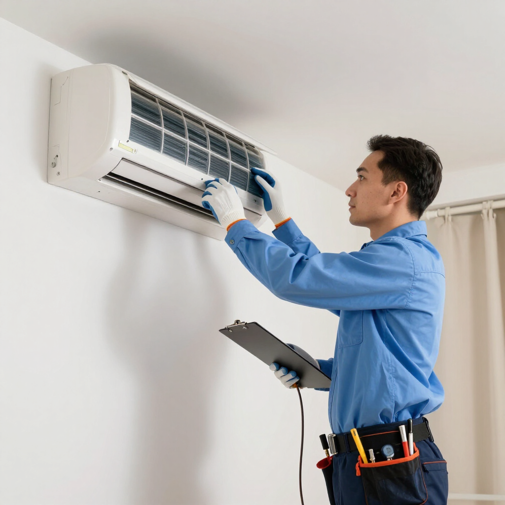 Técnico limpiando un aire acondicionado de pared en el interior mientras sostiene un portapapeles.