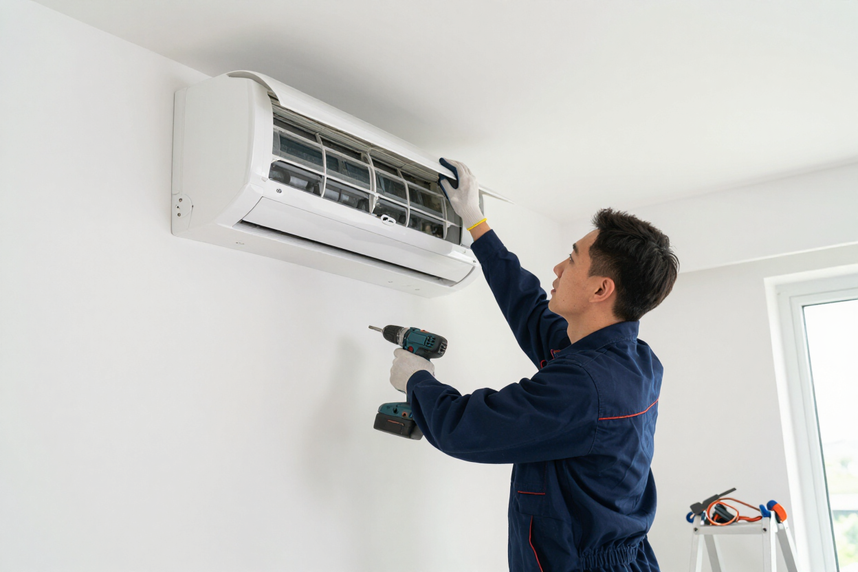 Técnico instalando un aire acondicionado mural con un taladro eléctrico en una habitación luminosa.