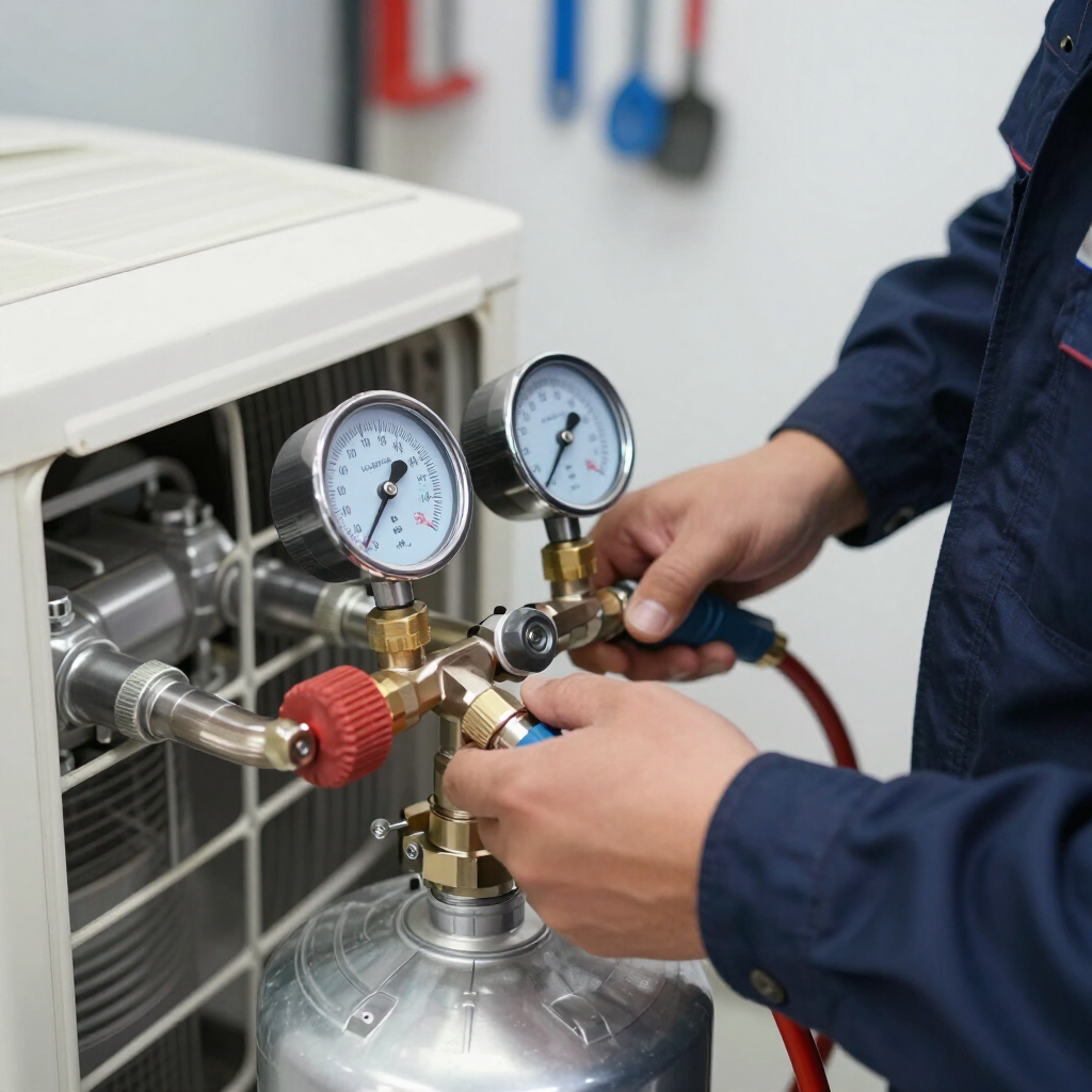 Técnico conectando manómetros y mangueras a un cilindro metálico en un taller.
