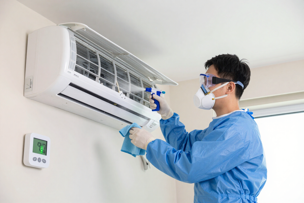 Técnico con uniforme azul limpiando un aire acondicionado mural en el interior de una vivienda.