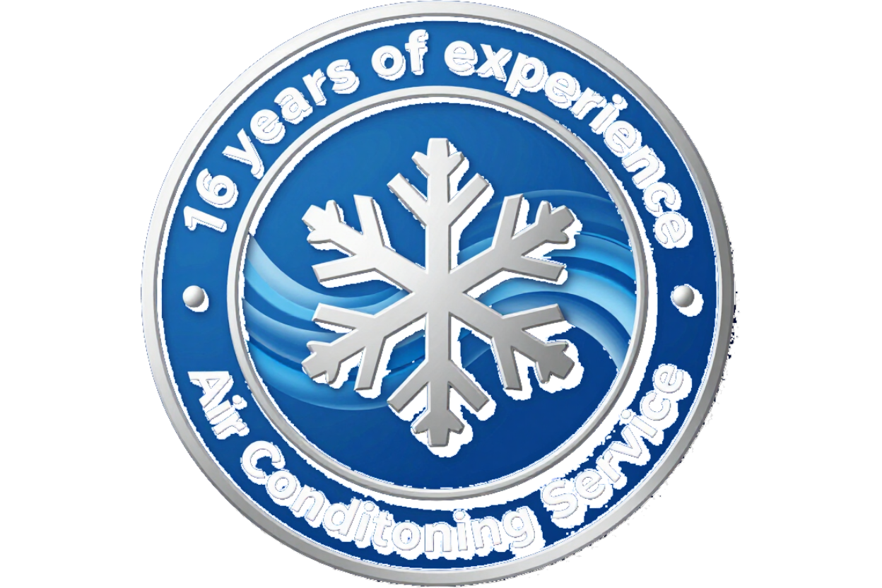 Logotipo circular azul con un copo de nieve blanco y el texto “15 años de experiencia” y “Servicio de aire acondicionado”.