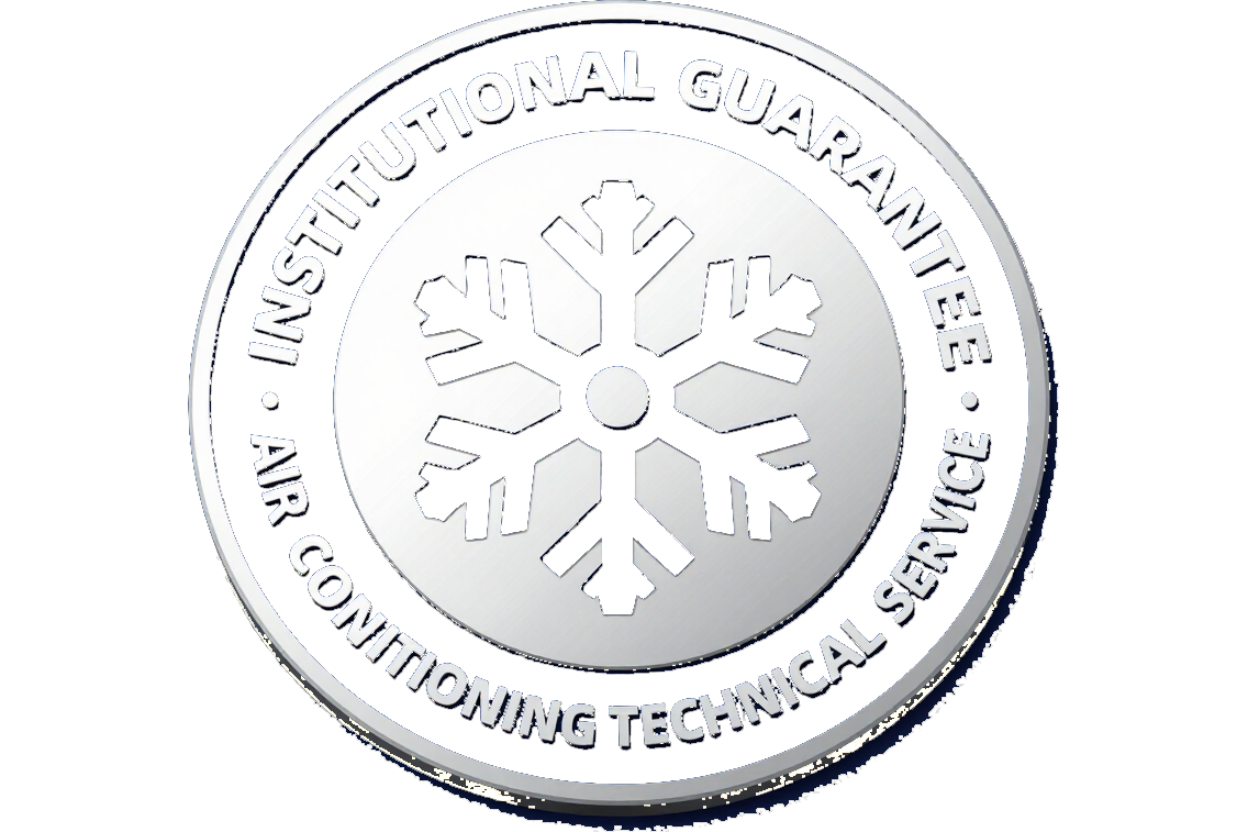Logotipo circular plateado con un copo de nieve y las palabras “Servicio Técnico Nacional de Aire Acondicionado con Garantía”.