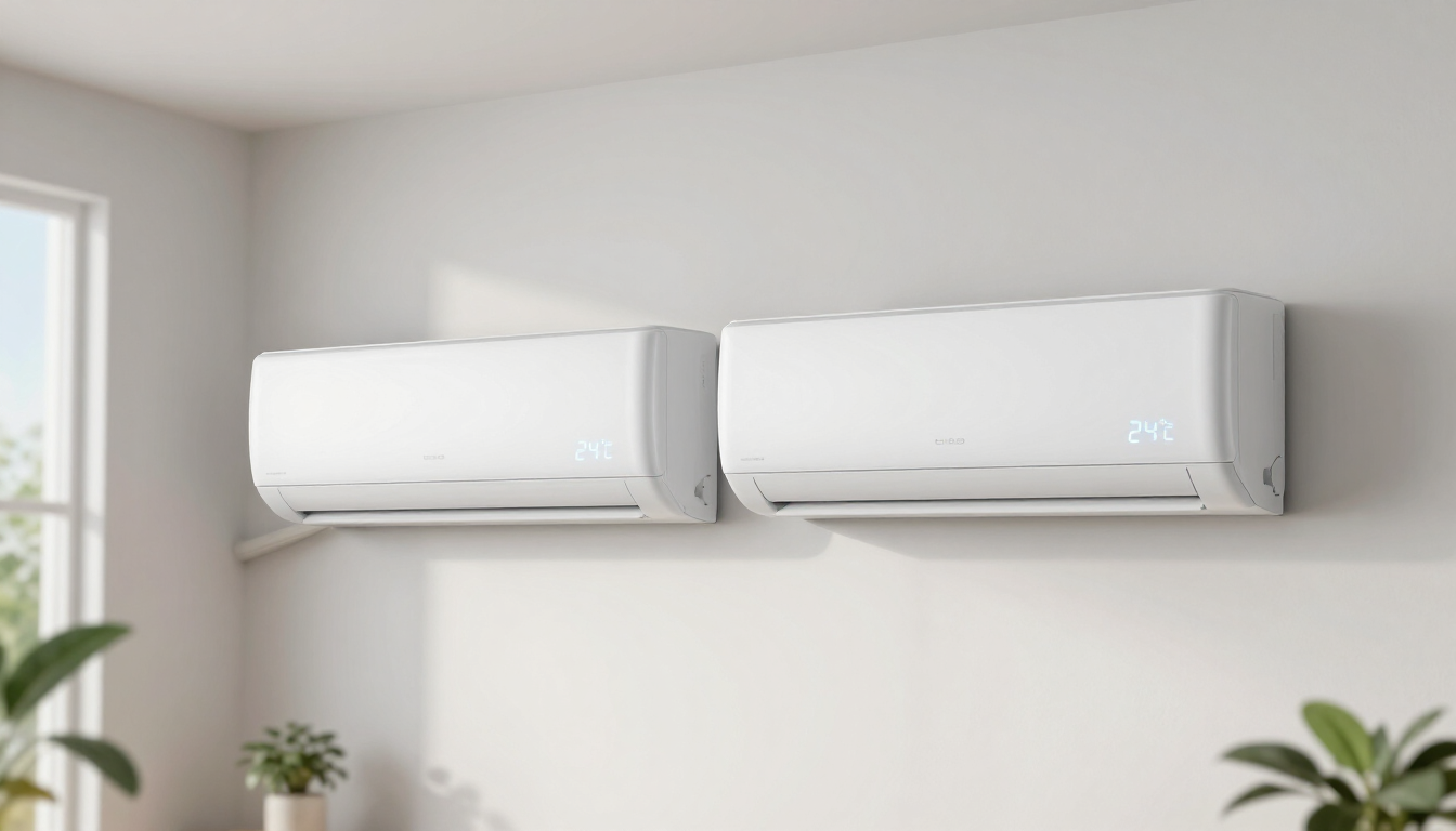 Dos aires acondicionados blancos montados en la pared en una habitación luminosa cerca de una ventana.