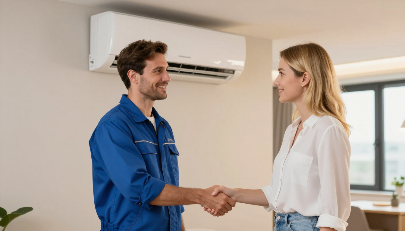 Mecánico con uniforme azul estrechando la mano de una mujer en una habitación luminosa con un aire acondicionado de pared.
