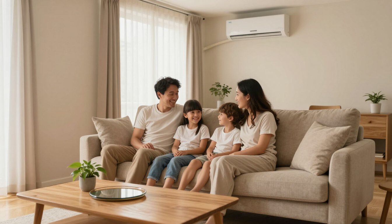Familia sentada junta en un sofá beige en una sala de estar luminosa, con una mesa de centro y una planta de interior cerca.