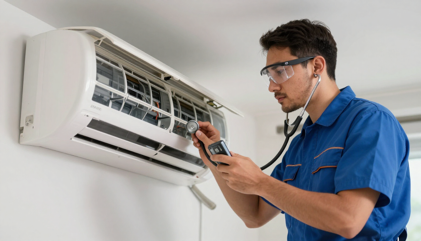 Técnico inspeccionando un aire acondicionado de pared con una herramienta y un portapapeles dentro de una habitación.