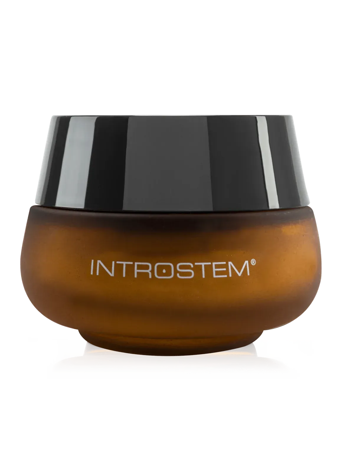 Amber-colored jar of Introstem skincare product with a black lid. The logo