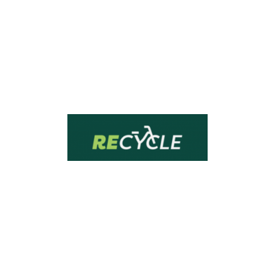 Green RECYCLE logo on a dark green rectangle with a recycling arrow forming the “C”