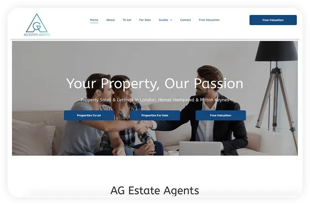 AG Estate Agents website homepage with a photo of three people on a couch, with