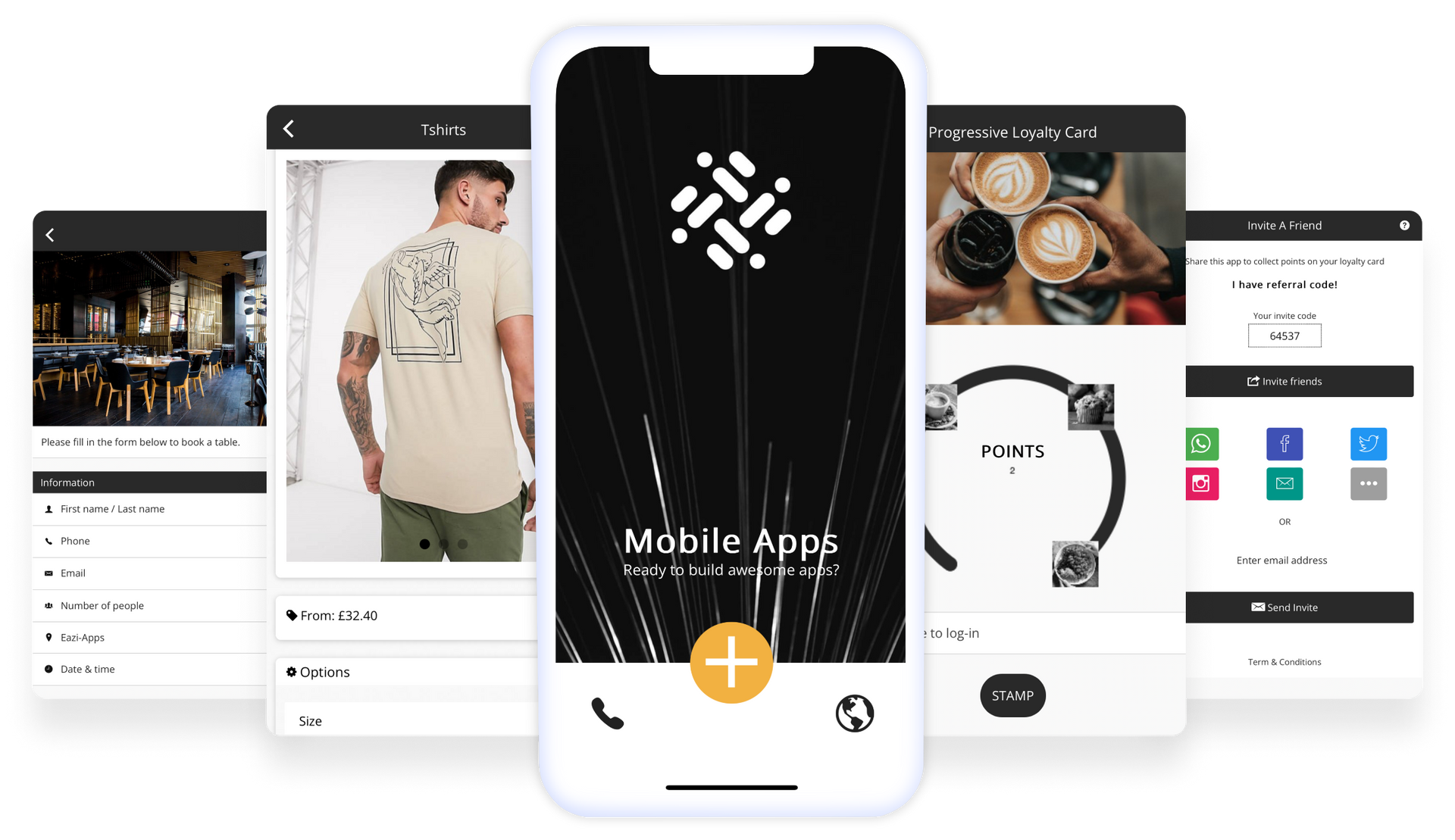 Mobile app mockup with product photos and a central app screen.