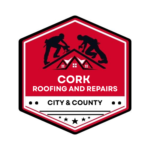Red and white logo for Cork Roofing and Repairs, with roofers working on a house and “City & County” text