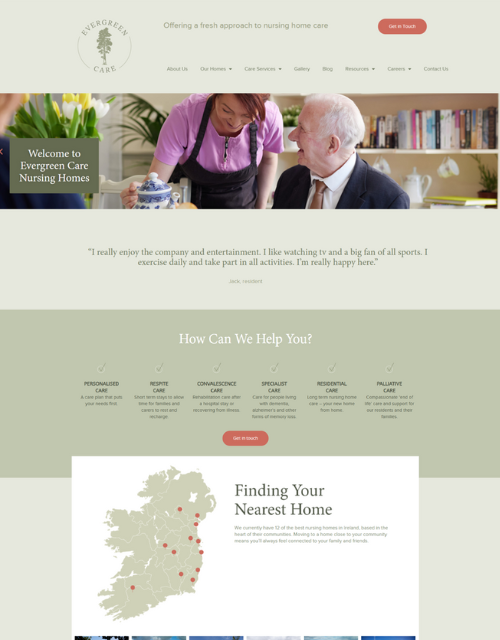 Website homepage: Elderly man and caregiver, map of Ireland with red dots, company logo.